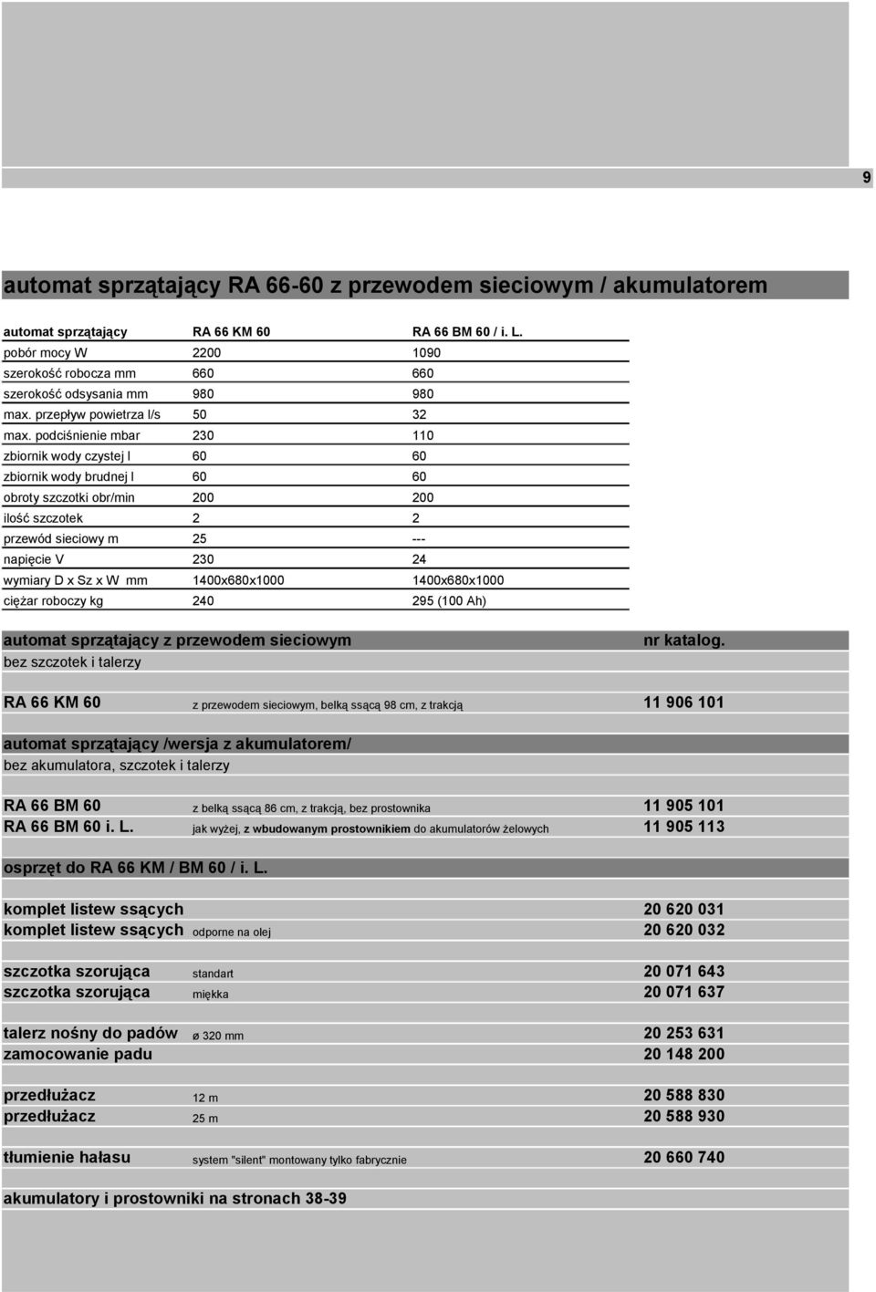 podciśnienie mbar 230 110 zbiornik wody czystej l 60 60 zbiornik wody brudnej l 60 60 obroty szczotki obr/min 200 200 ilość szczotek 2 2 25 --- napięcie V 230 24 1400x680x1000 1400x680x1000 ciężar