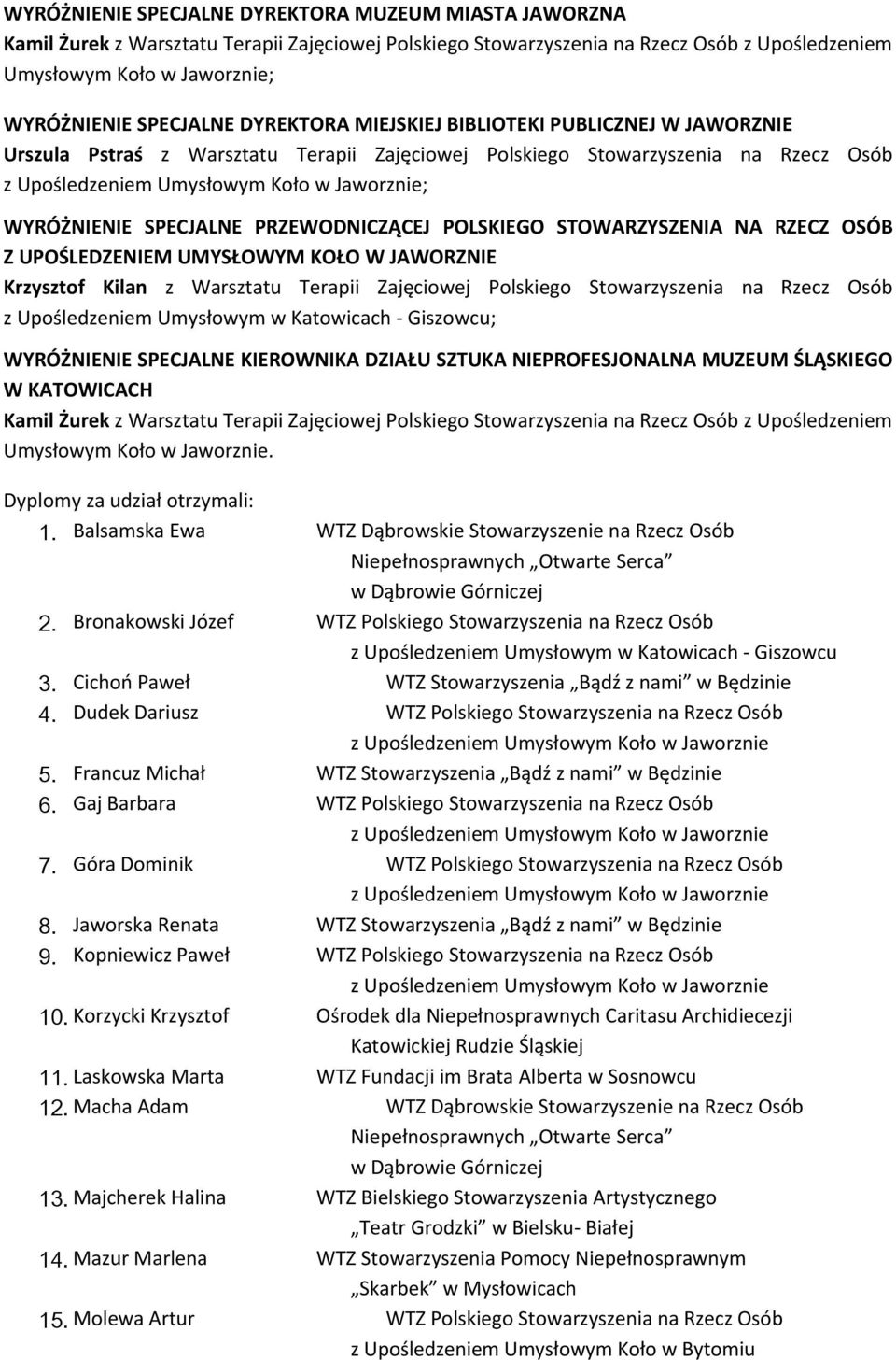 STOWARZYSZENIA NA RZECZ OSÓB Z UPOŚLEDZENIEM UMYSŁOWYM KOŁO W JAWORZNIE Krzysztof Kilan z Warsztatu Terapii Zajęciowej Polskiego Stowarzyszenia na Rzecz Osób z Upośledzeniem Umysłowym w Katowicach -