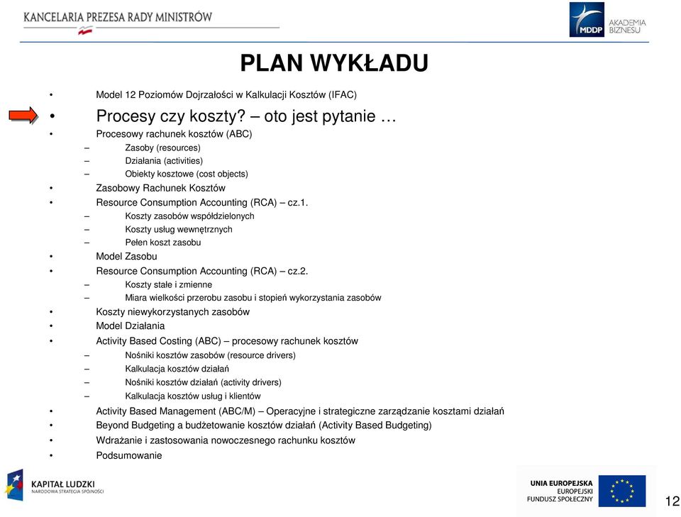 Koszty zasobów współdzielonych Koszty usług wewnętrznych Pełen koszt zasobu Model Zasobu Resource Consumption Accounting (RCA) cz.2.