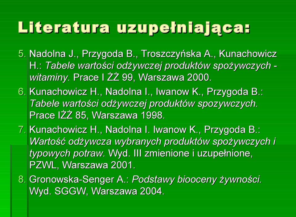 , Przygoda B.: Tabele wartości odżywczej produktów spozywczych. Prace IŻŻ 85, Warszawa 1998. 7. Kunachowicz H., Nadolna I. Iwanow K.