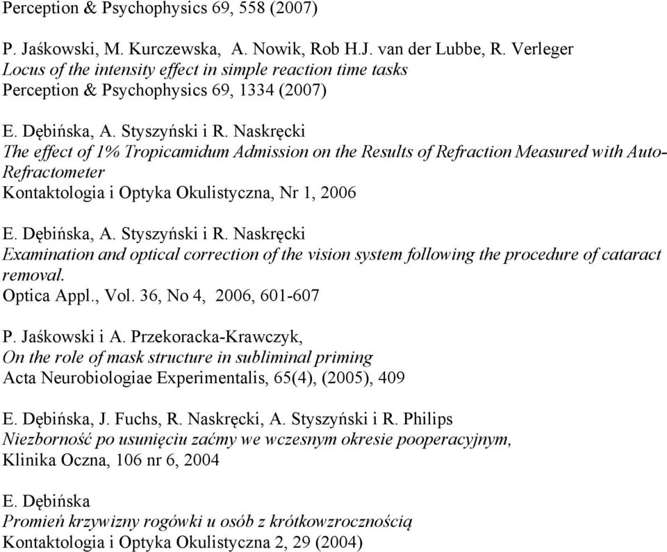Styszyński i The effect of 1% Tropicamidum Admission on the Results of Refraction Measured with Auto- Refractometer Kontaktologia i Optyka Okulistyczna, Nr 1, 2006 E. Dębińska, A.