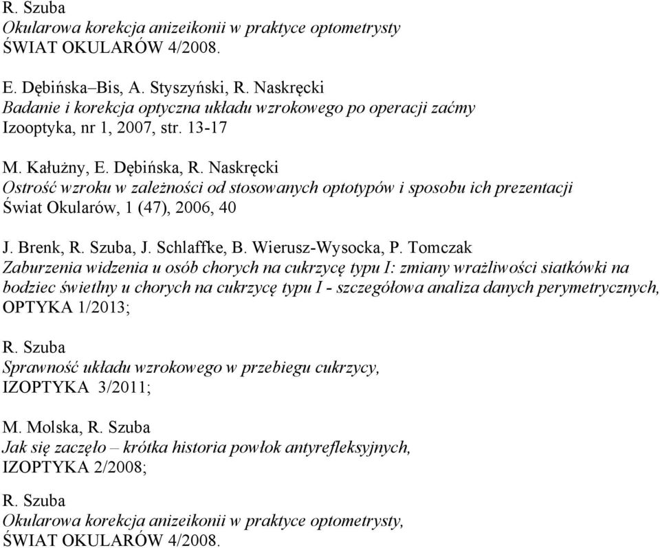 Dębińska, Ostrość wzroku w zależności od stosowanych optotypów i sposobu ich prezentacji Świat Okularów, 1 (47), 2006, 40 J. Brenk,, J. Schlaffke, B. Wierusz-Wysocka, P.