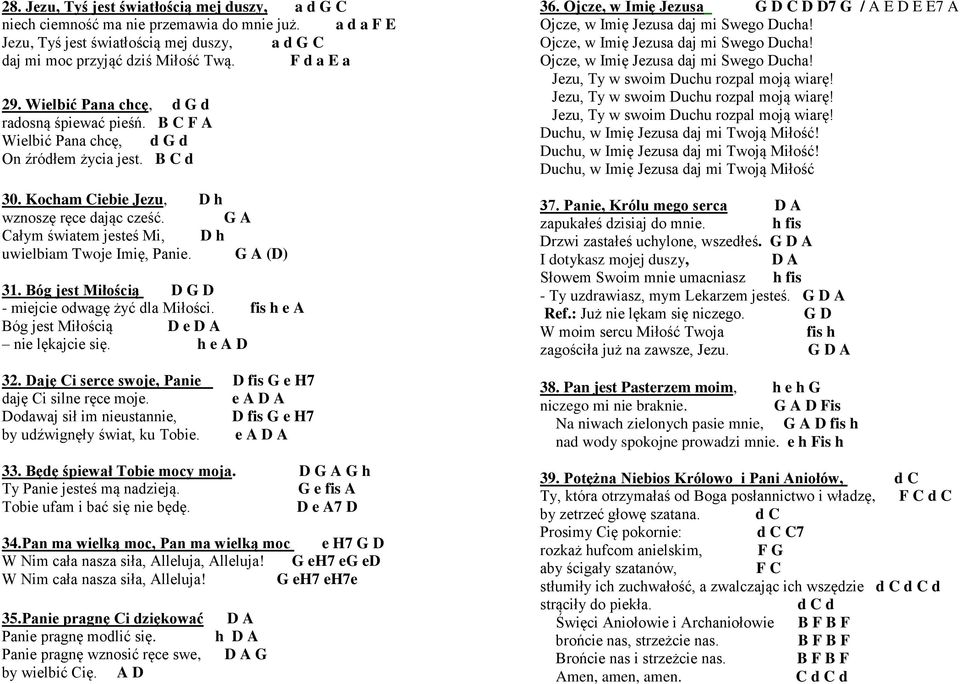 G A Całym światem jesteś Mi, D h uwielbiam Twoje Imię, Panie. G A (D) 31. Bóg jest Miłością D G D - miejcie odwagę żyć dla Miłości. fis h e A Bóg jest Miłością D e D A nie lękajcie się. h e A D 32.