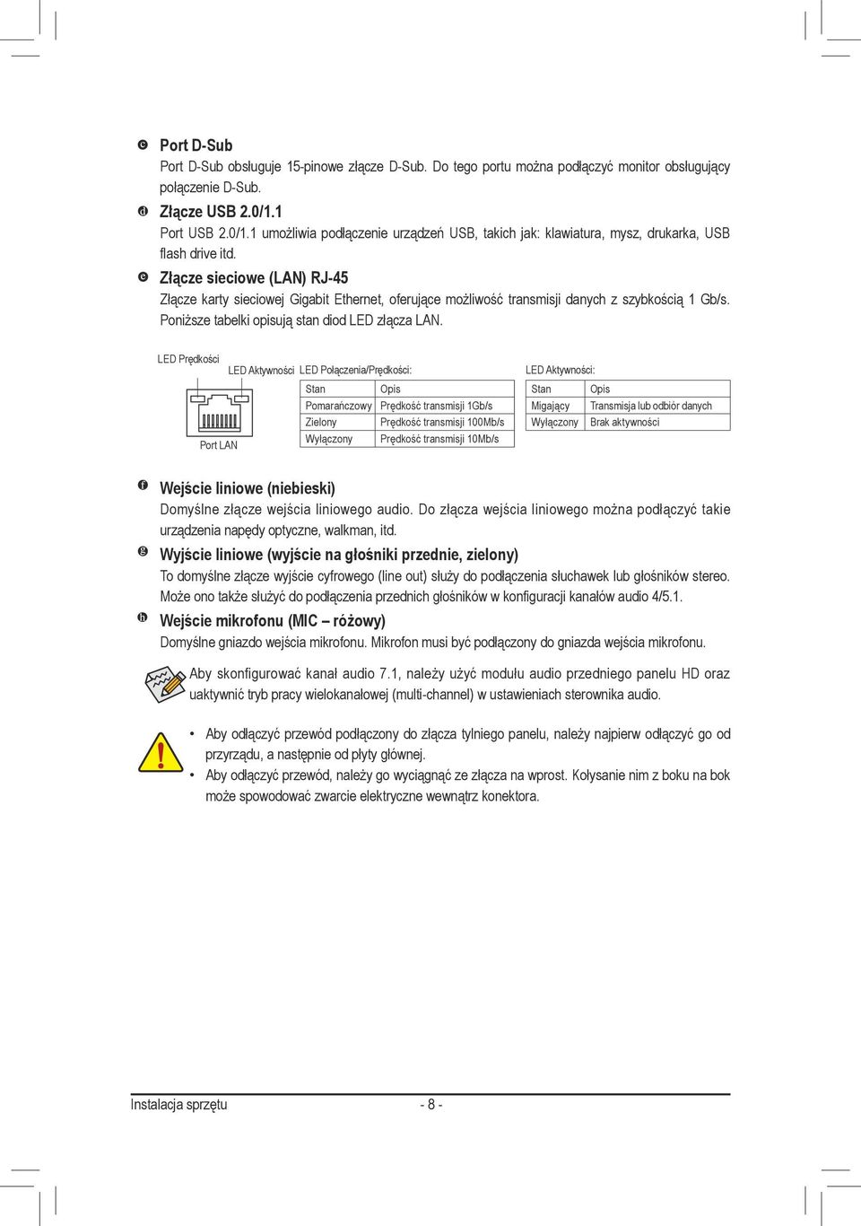 Złącze sieciowe (LAN) RJ-45 Złącze karty sieciowej Gigabit Ethernet, oferujące możliwość transmisji danych z szybkością Gb/s. Poniższe tabelki opisują stan diod LED złącza LAN.