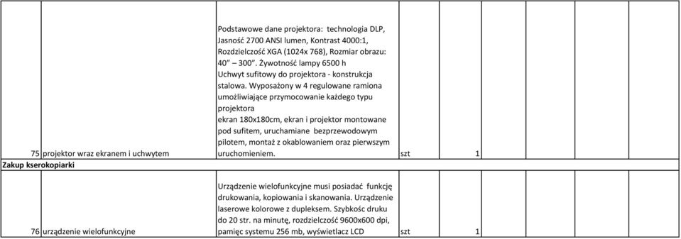 Wyposażony w 4 regulowane ramiona umożliwiające przymocowanie każdego typu projektora ekran 180x180cm, ekran i projektor montowane pod sufitem, uruchamiane bezprzewodowym pilotem, montaż z