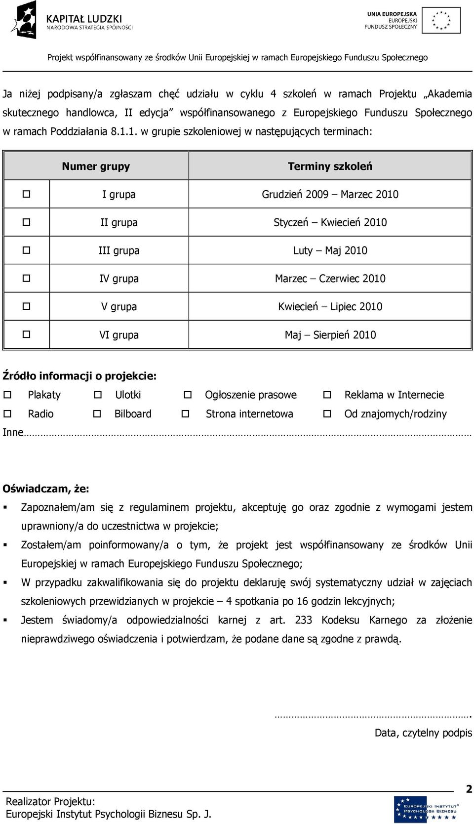 2010 V grupa Kwiecień Lipiec 2010 VI grupa Maj Sierpień 2010 Źródło informacji o projekcie: Plakaty Ulotki Ogłoszenie prasowe Reklama w Internecie Radio Bilboard Strona internetowa Od