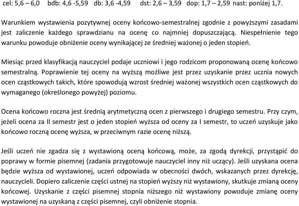 Niespełnienie tego warunku powoduje obniżenie oceny wynikającej ze średniej ważonej o jeden stopieo.