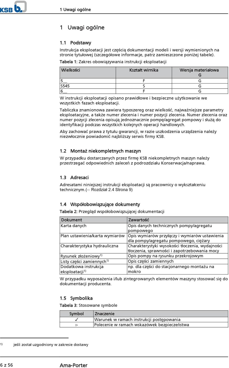 Tabela 1: Zakres obowiązywania instrukcji eksploatacji Wielkości Kształt wirnika Wersja materiałowa G 5 F G S545 S G 6 F G W instrukcji eksploatacji opisano prawidłowe i bezpieczne użytkowanie we