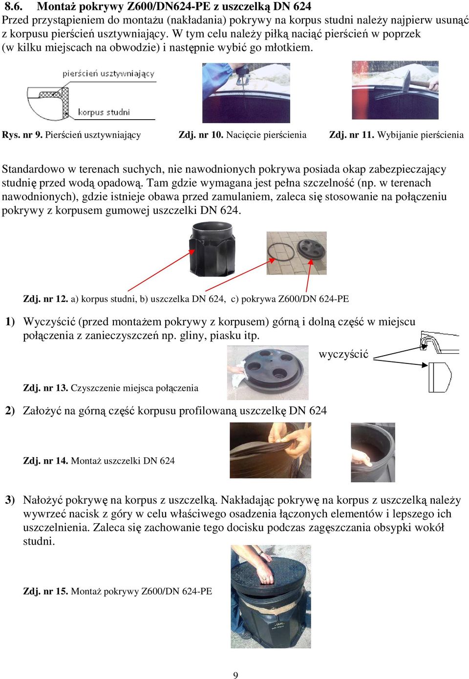 Wybijanie pierścienia Standardowo w terenach suchych, nie nawodnionych pokrywa posiada okap zabezpieczający studnię przed wodą opadową. Tam gdzie wymagana jest pełna szczelność (np.