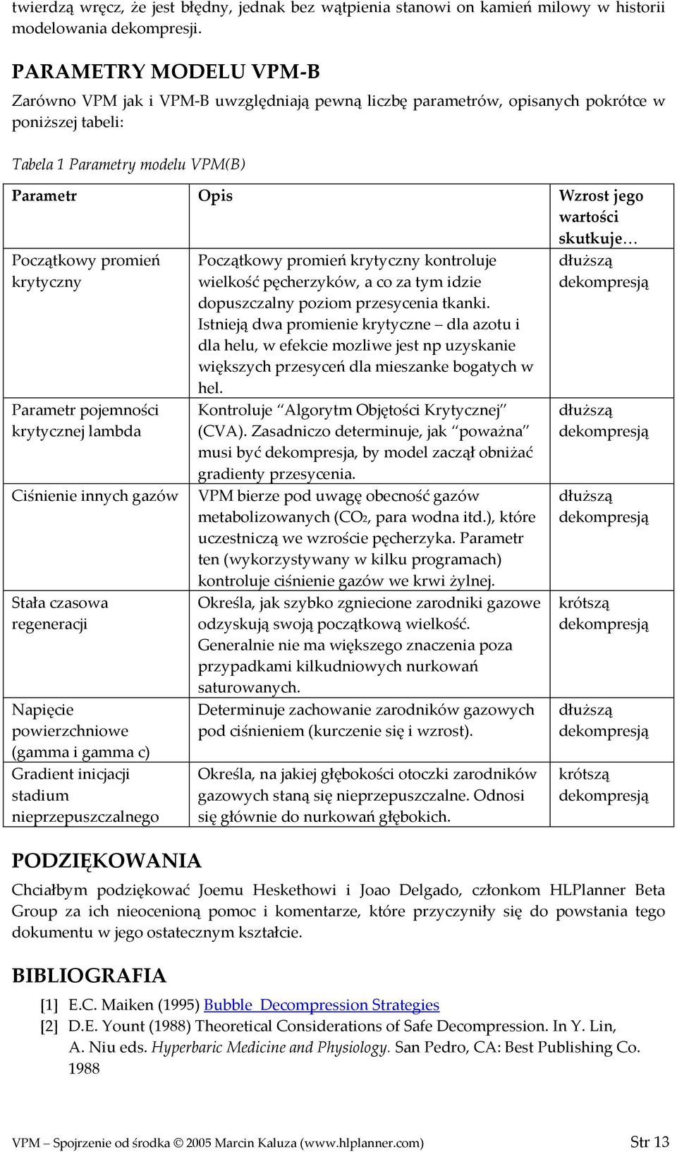 skutkuje Początkowy promień krytyczny Parametr pojemności krytycznej lambda Początkowy promień krytyczny kontroluje wielkość pęcherzyków, a co za tym idzie dopuszczalny poziom przesycenia tkanki.