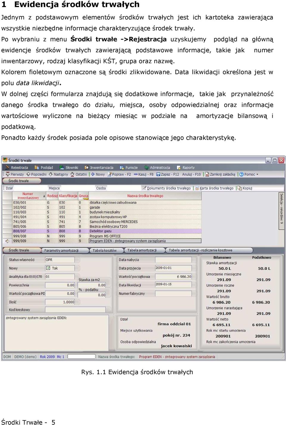 oraz nazwę. Kolorem fioletowym oznaczone są środki zlikwidowane. Data likwidacji określona jest w polu data likwidacji.