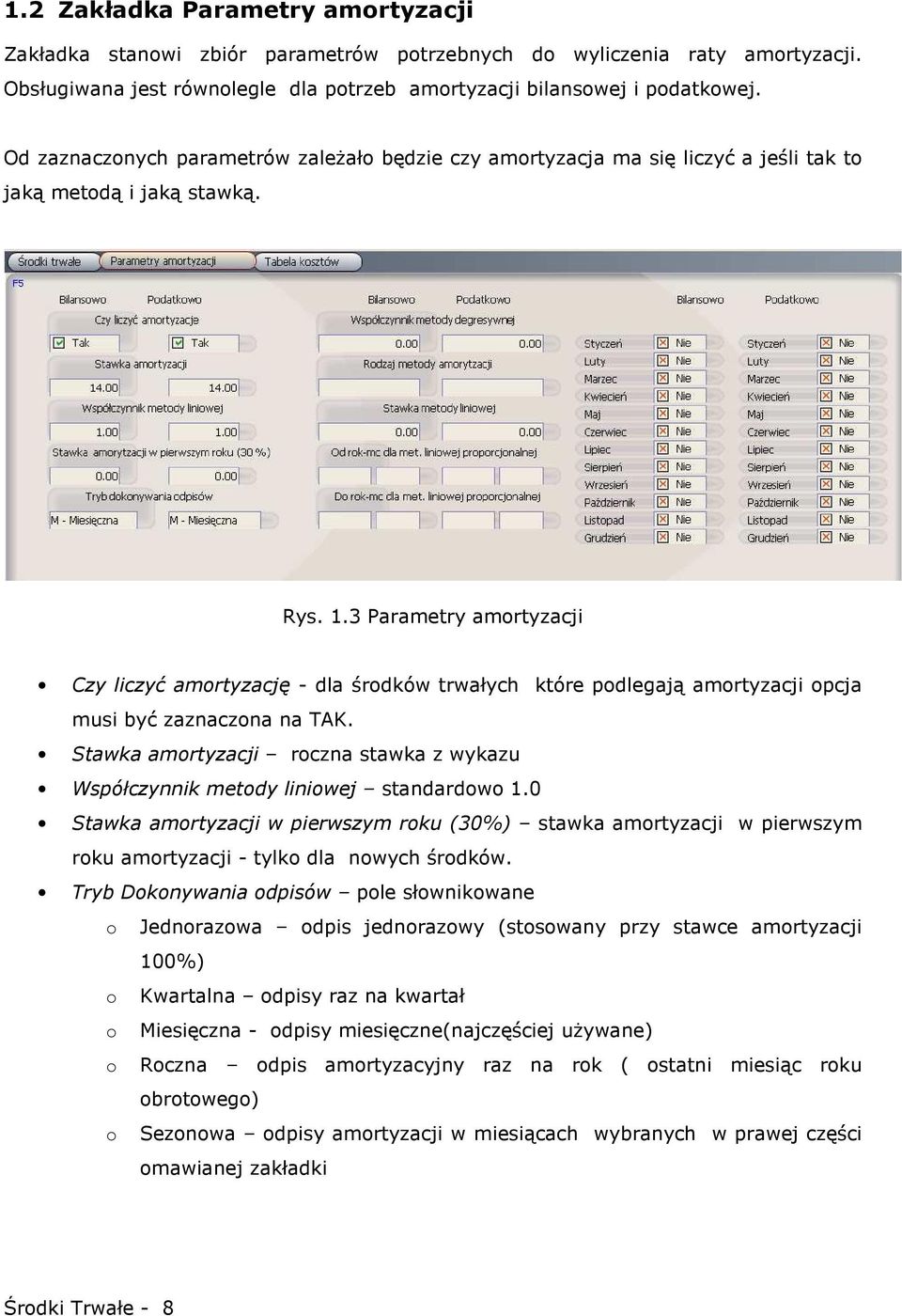 3 Parametry amortyzacji Czy liczyć amortyzację - dla środków trwałych które podlegają amortyzacji opcja musi być zaznaczona na TAK.