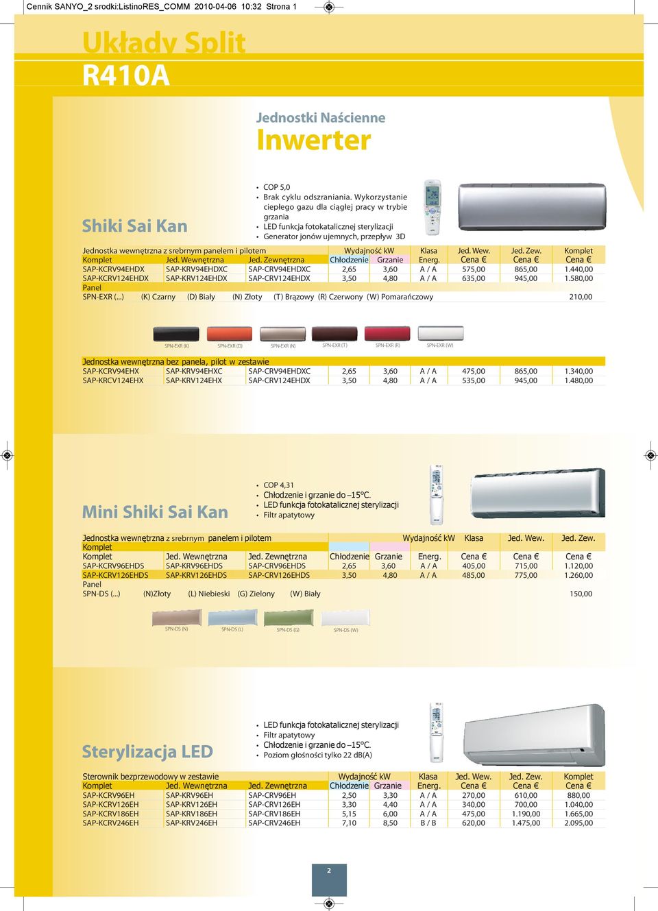 Wydajność kw Klasa Jed. Wew. Jed. Zew. Komplet SAP-KCRV94EHDX SAP-KRV94EHDXC SAP-CRV94EHDXC 2,65 3,60 A / A 575,00 865,00 1.