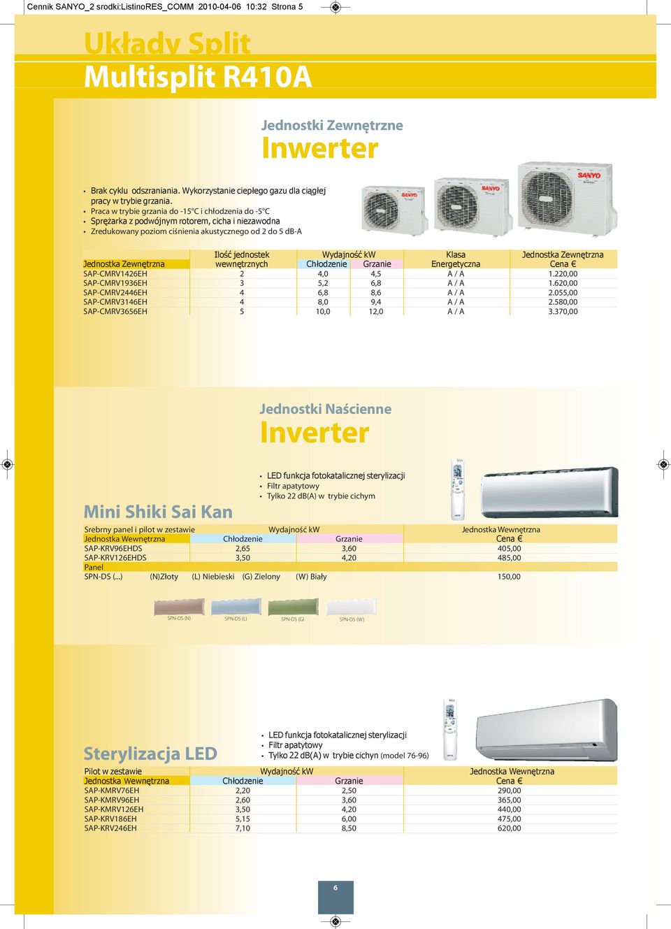 Jednostka Zewnętrzna Jednostka Zewnętrzna wewnętrznych Chłodzenie Grzanie Energetyczna Cena SAP-CMRV1426EH 2 4,0 4,5 A / A 1.220,00 SAP-CMRV1936EH 3 5,2 6,8 A / A 1.
