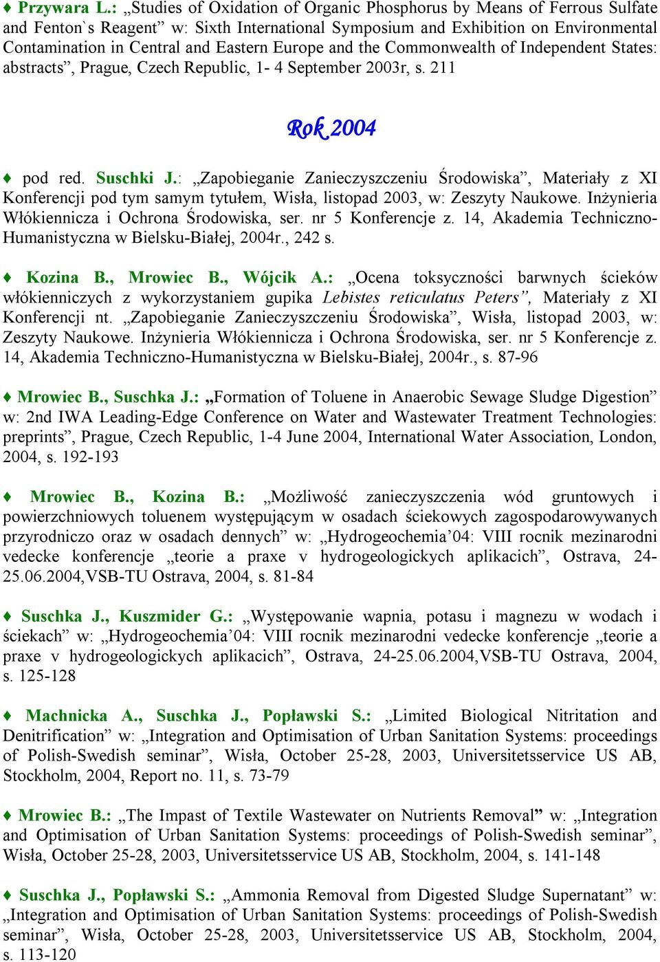 Europe and the Commonwealth of Independent States: abstracts, Prague, Czech Republic, 1-4 September 2003r, s. 211 Rok 2004 pod red. Suschki J.