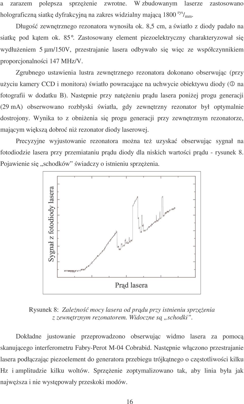 Zastosowany element piezoelektryczny charakteryzował się wydłużeniem 5 µm/150v, przestrajanie lasera odbywało się więc ze współczynnikiem proporcjonalności 147 MHz/V.