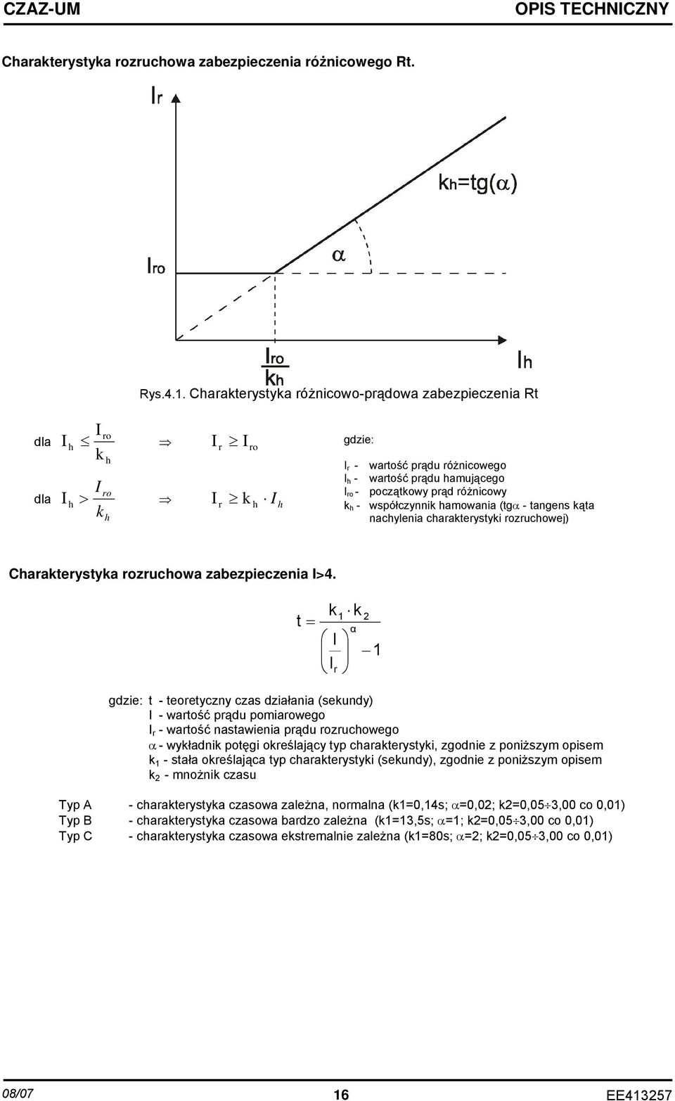 prąd różnicowy k h - współczynnik hamowania (tgα - tangens kąta nachylenia charakterystyki rozruchowej) Charakterystyka rozruchowa zabezpieczenia I>4.