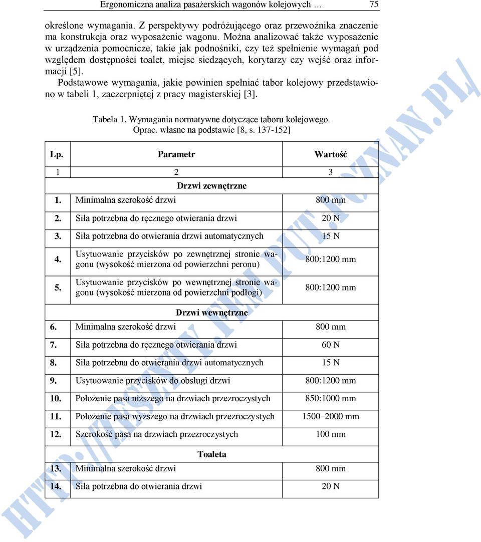 [5]. Podstawowe wymagania, jakie powinien spełniać tabor kolejowy przedstawiono w tabeli 1, zaczerpniętej z pracy magisterskiej [3]. Tabela 1. Wymagania normatywne dotyczące taboru kolejowego. Oprac.