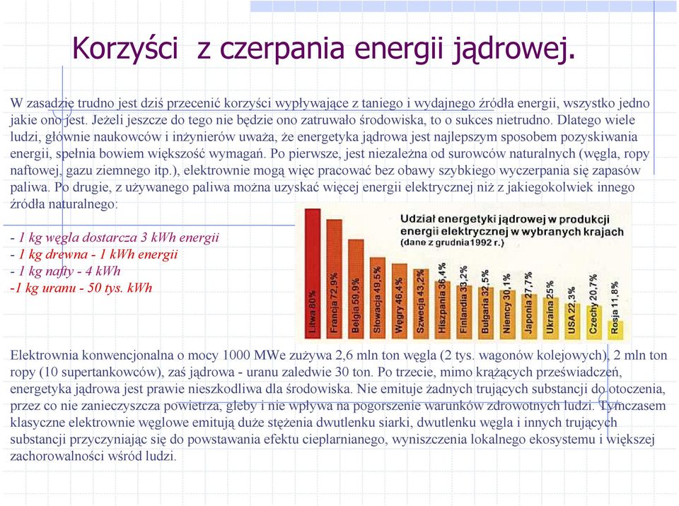 Dlatego wiele ludzi, głównie naukowców i inżynierów uważa, że energetyka jądrowa jest najlepszym sposobem pozyskiwania energii, spełnia bowiem większość wymagań.