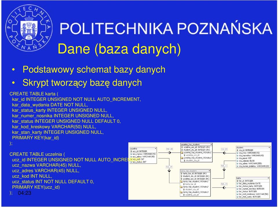 0, kar_kod_kreskowy VARCHAR(50) NULL, kar_stan_karty INTEGER UNSIGNED NULL, PRIMARY KEY(kar_id) ); CREATE TABLE uczelnia ( ucz_id INTEGER UNSIGNED NOT