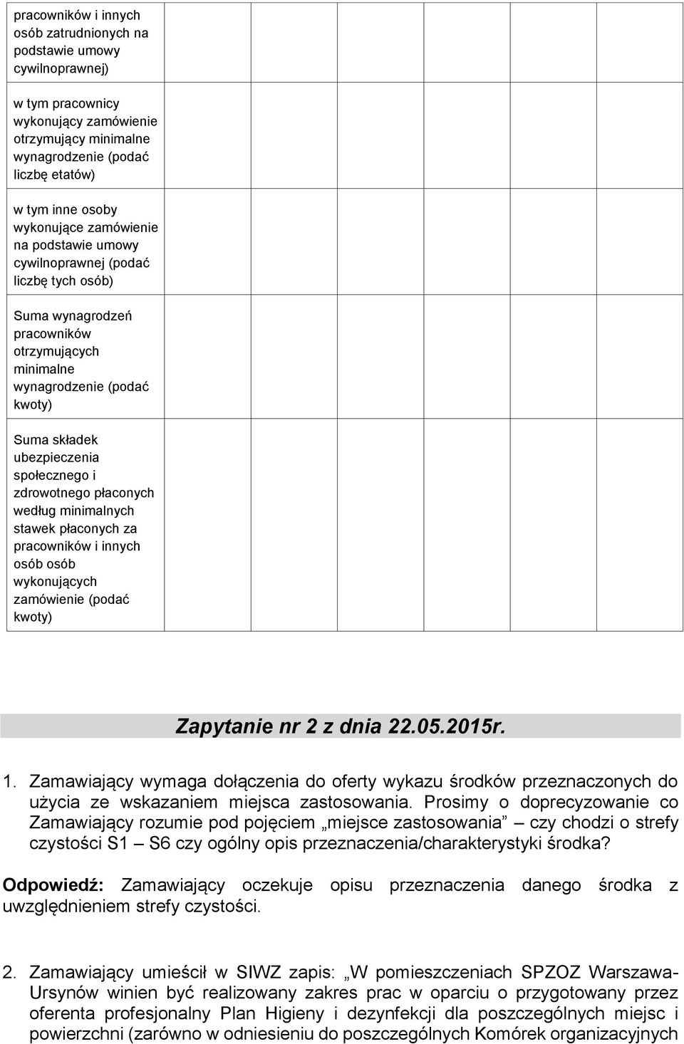 zdrowotnego płaconych według minimalnych stawek płaconych za pracowników i innych osób osób wykonujących zamówienie (podać kwoty) Zapytanie nr 2 z dnia 22.05.2015r. 1.