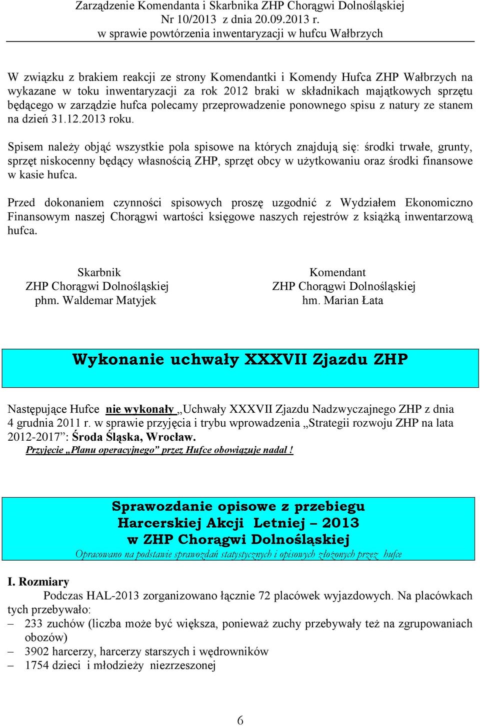 składnikach majątkowych sprzętu będącego w zarządzie hufca polecamy przeprowadzenie ponownego spisu z natury ze stanem na dzień 31.12.2013 roku.