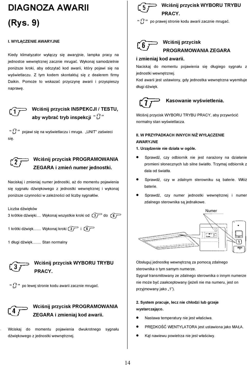 Wykonaj samodzielnie poniższe kroki, aby odczytać kod awarii, który pojawi się na wyświetlaczu. Z tym kodem skontaktuj się z dealerem firmy Daikin.