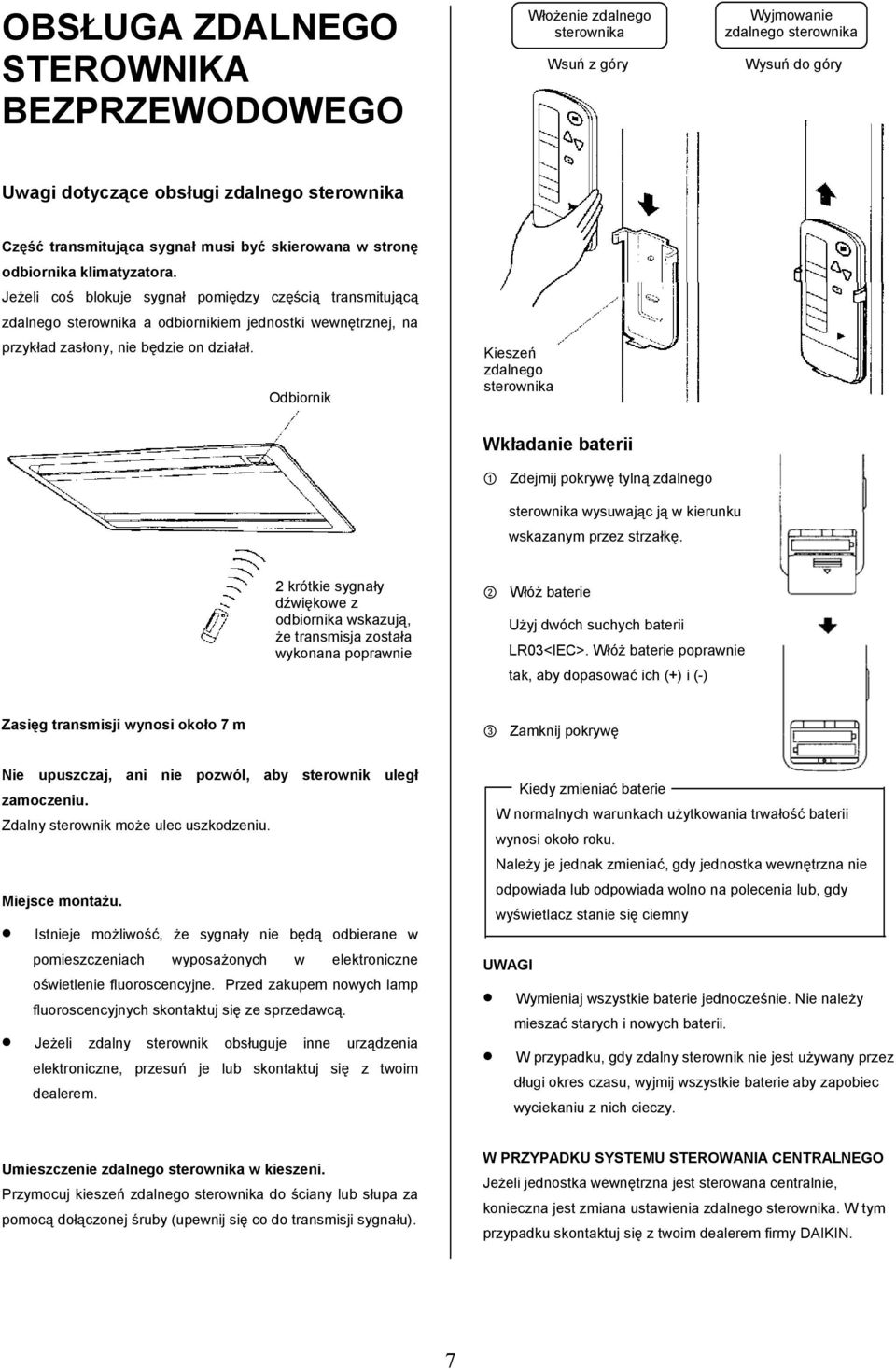 Jeżeli coś blokuje sygnał pomiędzy częścią transmitującą zdalnego sterownika a odbiornikiem jednostki wewnętrznej, na przykład zasłony, nie będzie on działał.