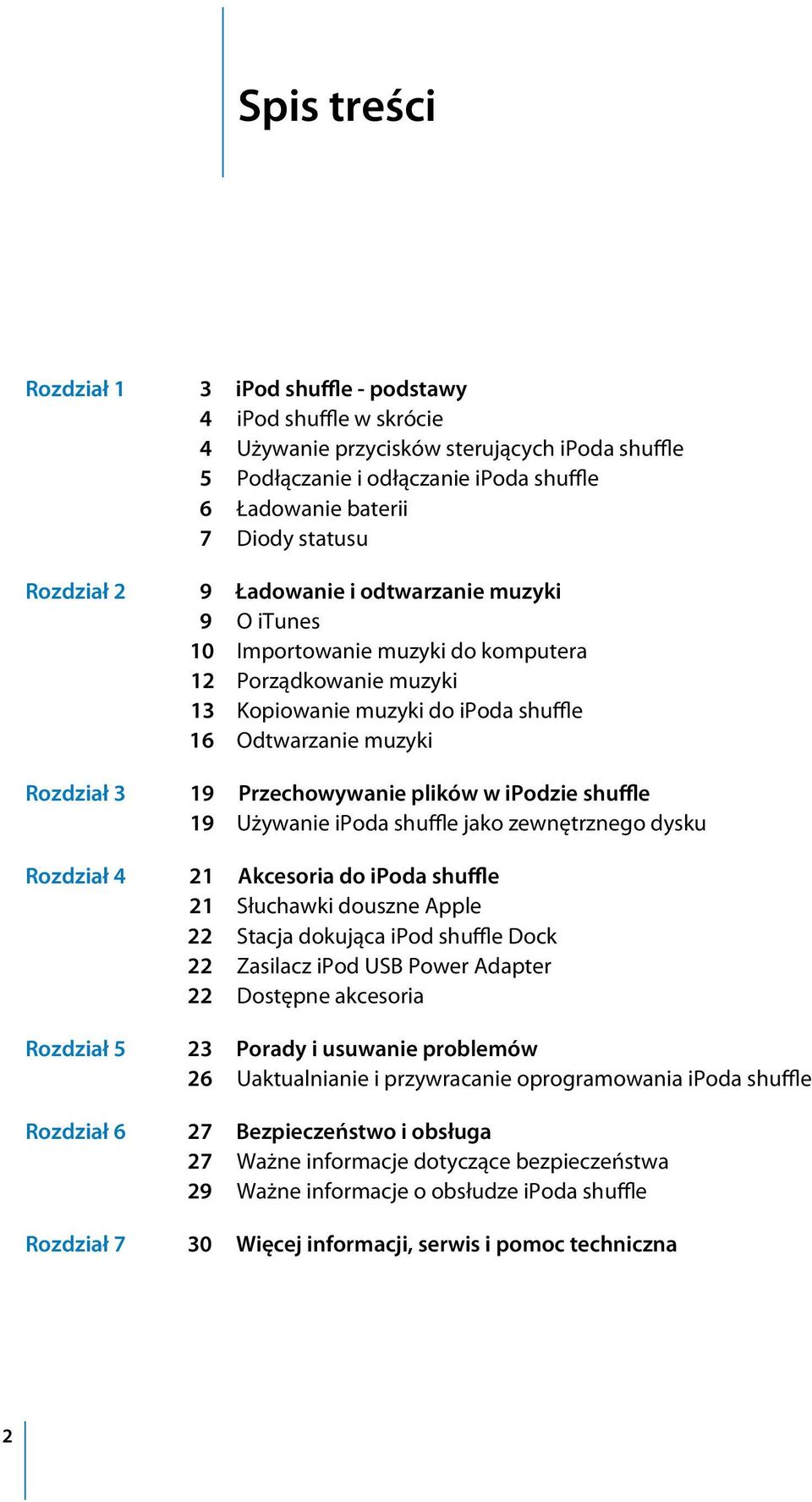 Przechowywanie plików w ipodzie shuffle 19 Używanie ipoda shuffle jako zewnętrznego dysku Rozdział 4 21 Akcesoria do ipoda shuffle 21 Słuchawki douszne Apple 22 Stacja dokująca ipod shuffle Dock 22
