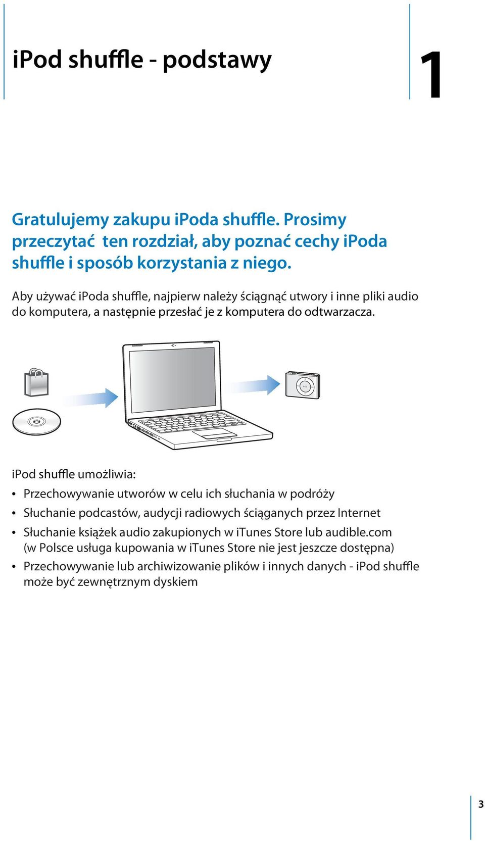 ipod shuffle umożliwia: Â Przechowywanie utworów w celu ich słuchania w podróży Â Słuchanie podcastów, audycji radiowych ściąganych przez Internet Â Słuchanie książek