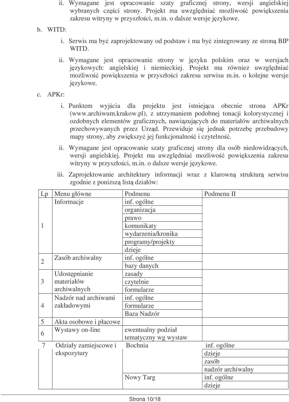 Wymagane jest opracowanie strony w jzyku polskim oraz w wersjach jzykowych: angielskiej i niemieckiej. Projekt ma równie uwzgldnia moliwo powikszenia w przyszłoci zakresu serwisu m.in.