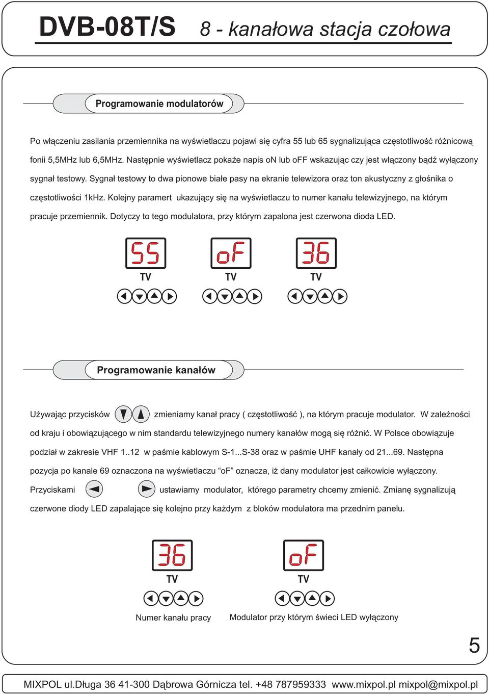 Sygnał testowy to dwa pionowe białe pasy na ekranie telewizora oraz ton akustyczny z głośnika o częstotliwości 1kHz.