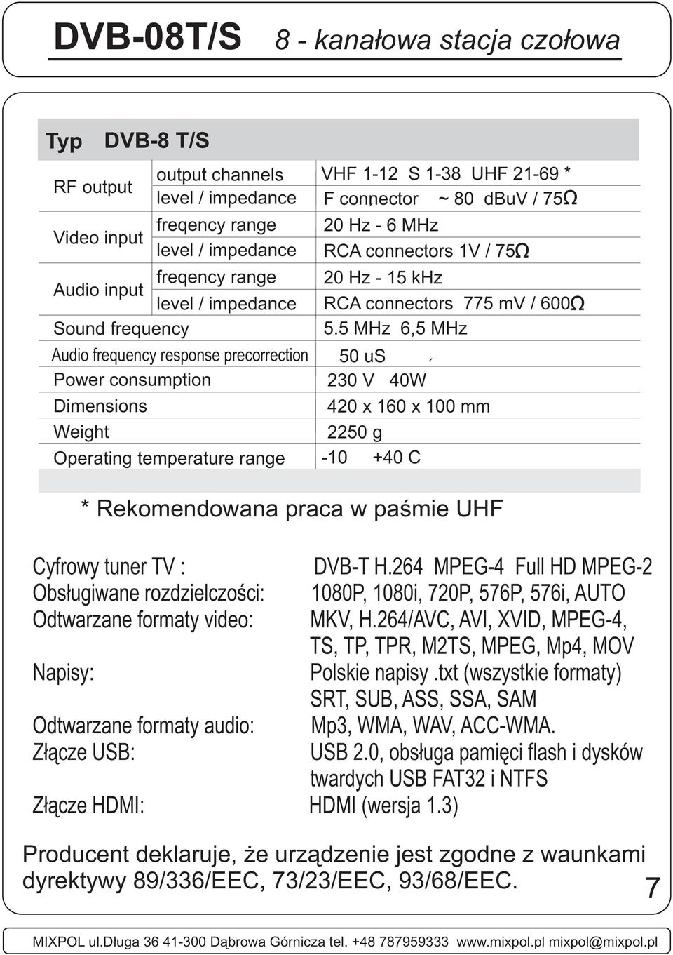 775 mv / 600 5.5 MHz 6,5 MHz 50 us 230 V 40W 420 x 160 x 100 mm 2250 g -10 +40 C * Rekomendowana praca w paśmie UHF Cyfrowy tuner : DVB-T H.