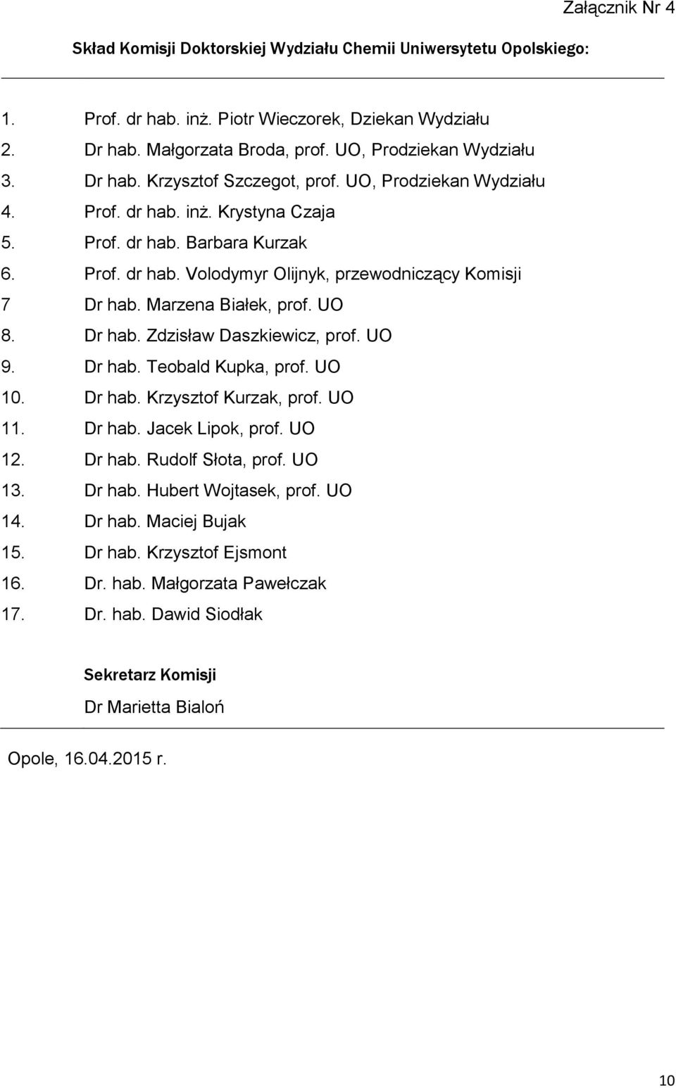 Marzena Białek, prof. UO 8. Dr hab. Zdzisław Daszkiewicz, prof. UO 9. Dr hab. Teobald Kupka, prof. UO 10. Dr hab. Krzysztof Kurzak, prof. UO 11. Dr hab. Jacek Lipok, prof. UO 12. Dr hab. Rudolf Słota, prof.