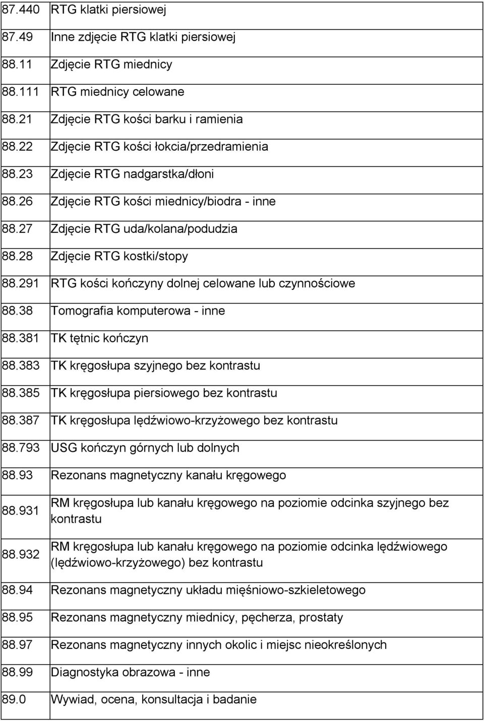 291 RTG kości kończyny dolnej celowane lub czynnościowe 88.38 Tomografia komputerowa - inne 88.381 TK tętnic kończyn 88.383 TK kręgosłupa szyjnego bez kontrastu 88.