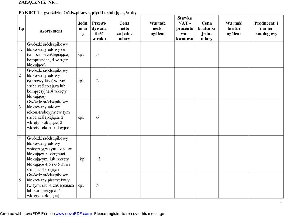 lub kompresjna,4 wkręt blokujące) Gwóźdź sródszpikow blokowan udow rekonstrukcjn (w tm: śruba zaślepiająca, wkręt blokujące, wkręt rekonstrukcjne) Jedn. miar kpl.