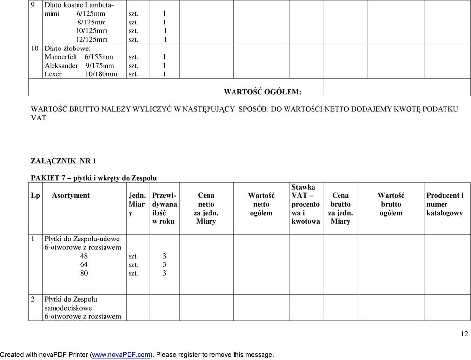 WARTOŚCI NETTO DODAJEMY KWOTĘ PODATKU ZAŁĄCZNIK NR PAKIET 7 płtki i wkręt do Zespolu Płtki