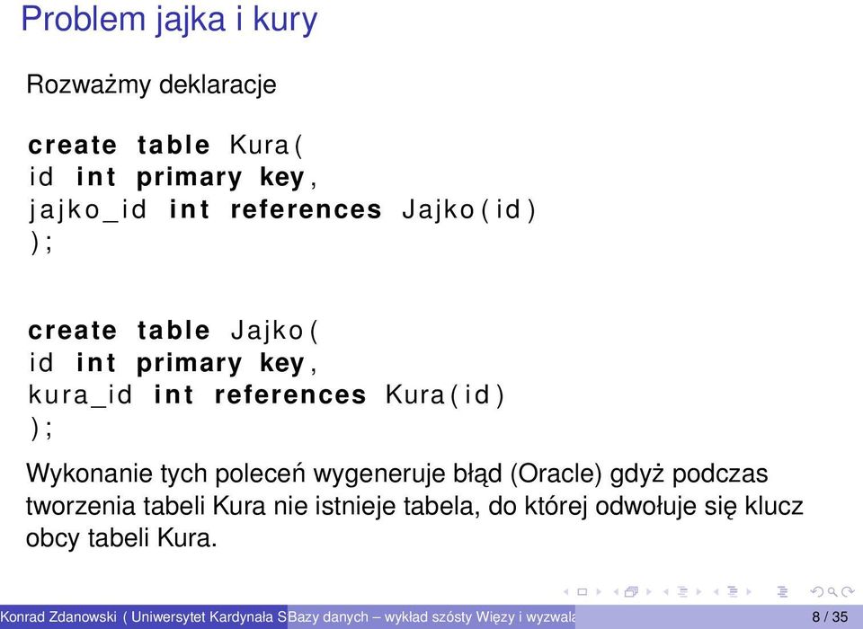 references Kura ( i d ) ) ; Wykonanie tych poleceń wygeneruje bład (Oracle) gdyż podczas tworzenia