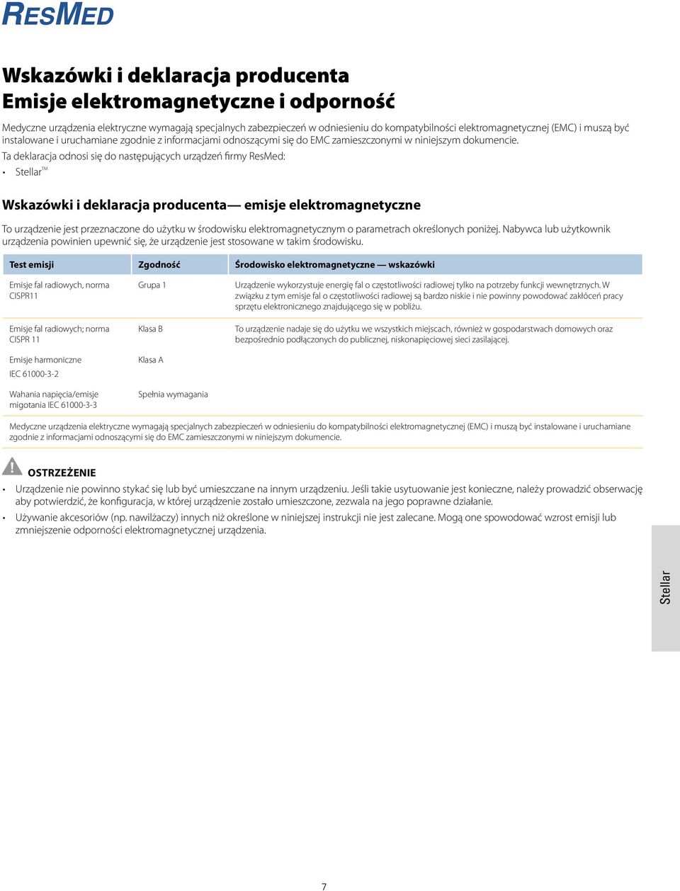 Ta deklaracja odnosi się do następujących urządzeń firmy ResMed: Stellar TM Wskazówki i deklaracja producenta emisje elektromagnetyczne To urządzenie jest przeznaczone do użytku w środowisku
