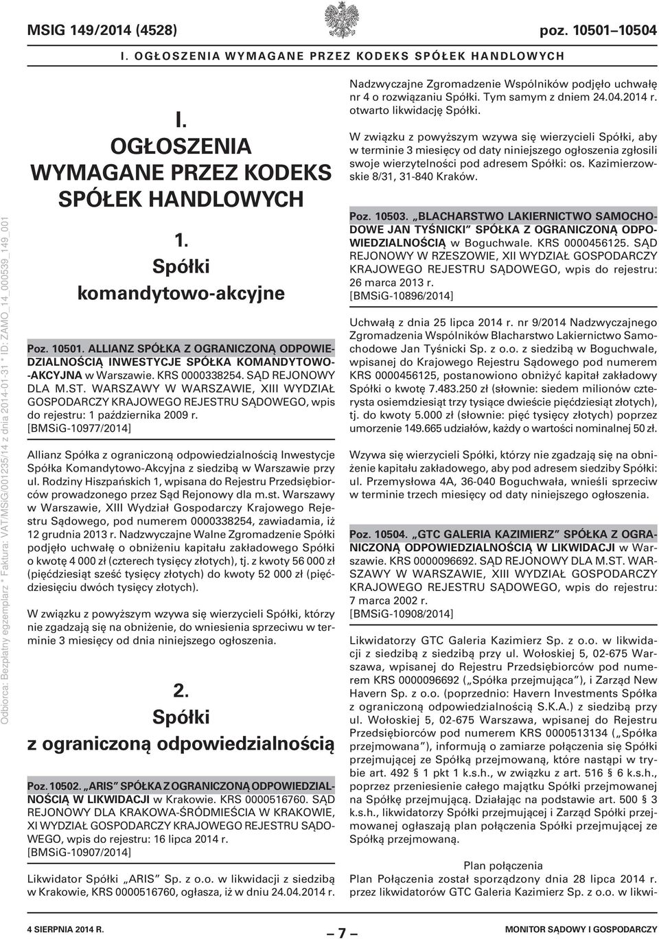 [BMSiG-10977/2014] Allianz Spółka z ograniczoną odpowiedzialnością Inwestycje Spółka Komandytowo-Akcyjna z siedzibą w Warszawie przy ul.