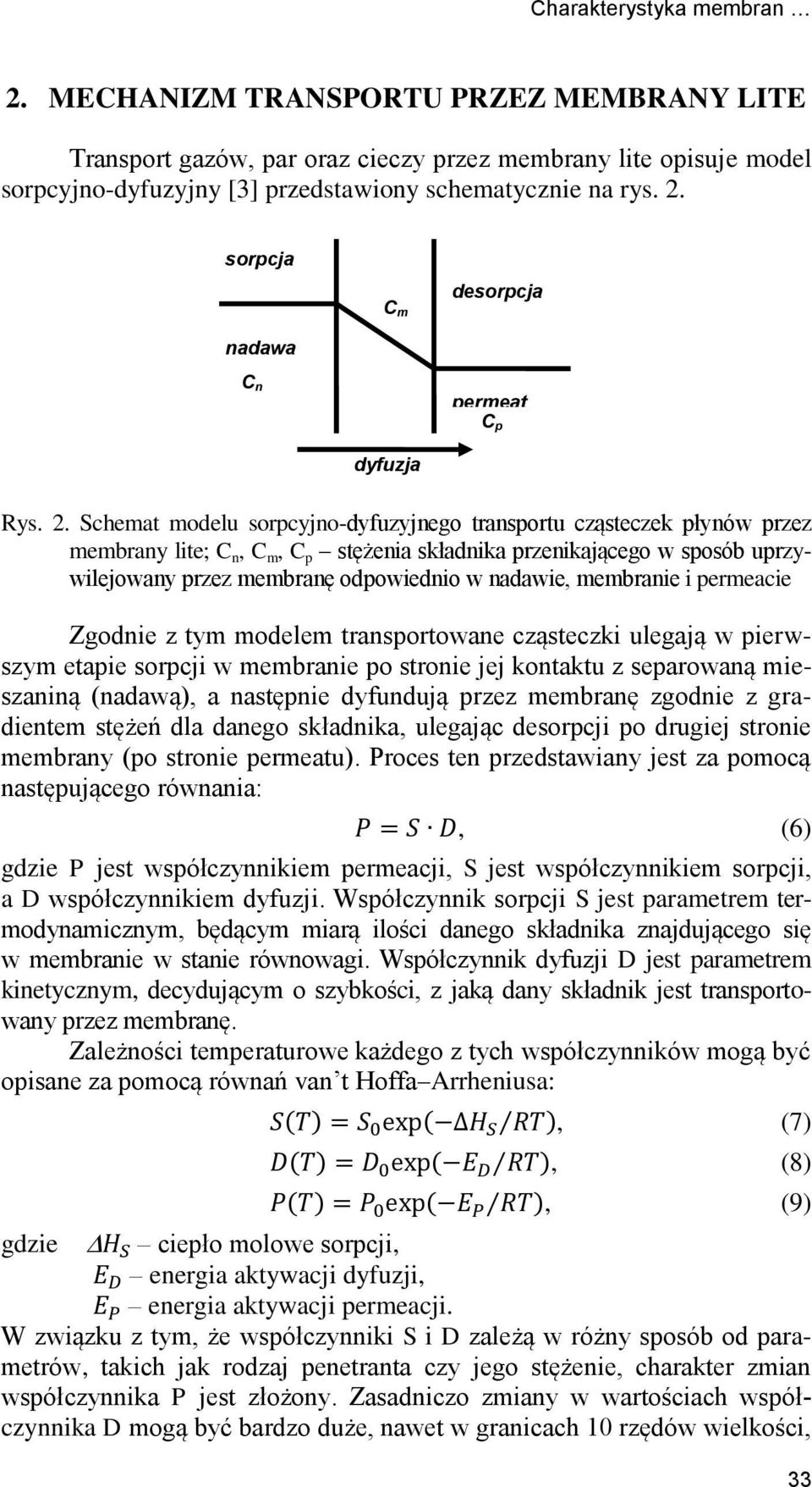 permeacie Zgodie z tym modelem trasportowae cząsteczki ulegają w pierwszym etapie sorpcji w membraie po stroie jej kotaktu z separowaą mieszaią (adawą), a astępie dyfudują przez membraę zgodie z