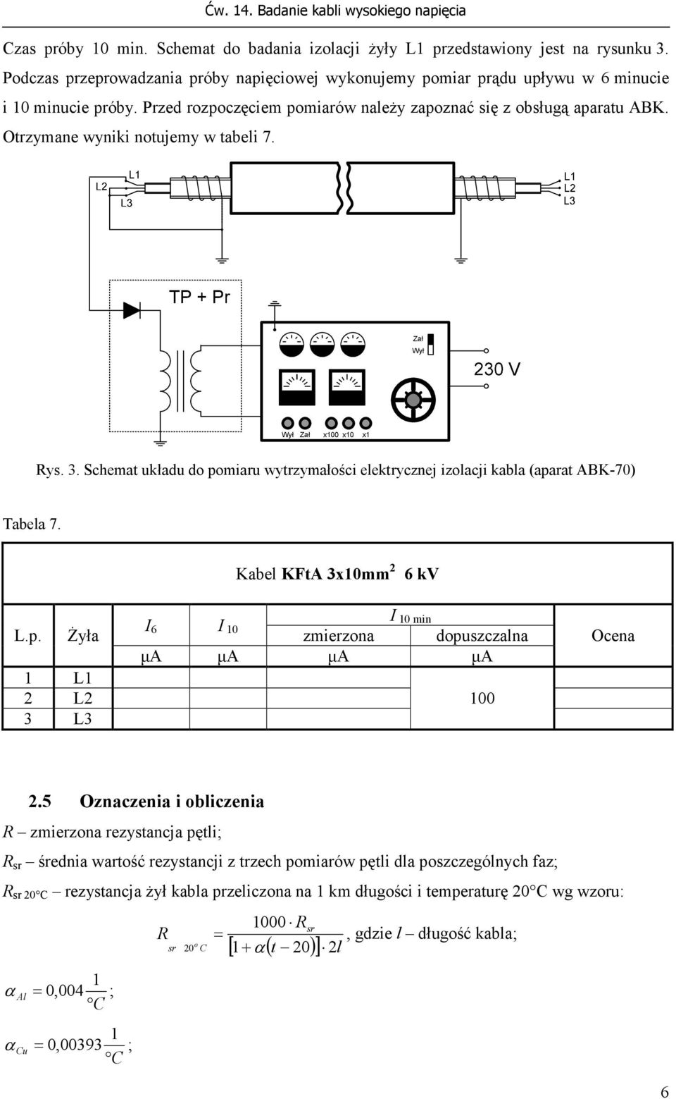 Otrzymane wyniki notujemy w tabeli 7. Rys. 3. Schemat układu do pomiaru wytrzymałości elektrycznej izolacji kabla (aparat ABK-70) Tabela 7.