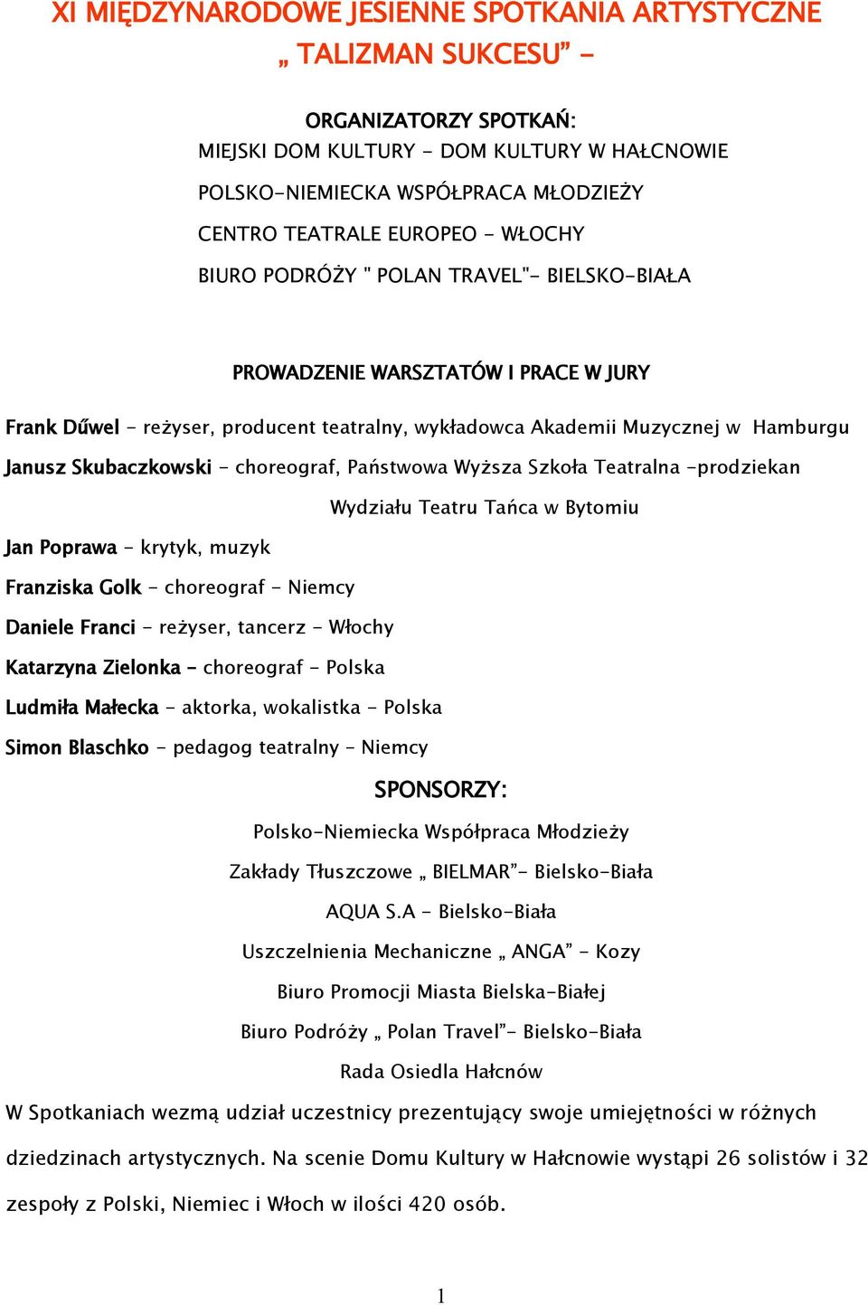 choreograf, Państwowa Wyższa Szkoła Teatralna -prodziekan Wydziału Teatru Tańca w Bytomiu Jan Poprawa - krytyk, muzyk Franziska Golk - choreograf - Niemcy Daniele Franci - reżyser, tancerz - Włochy