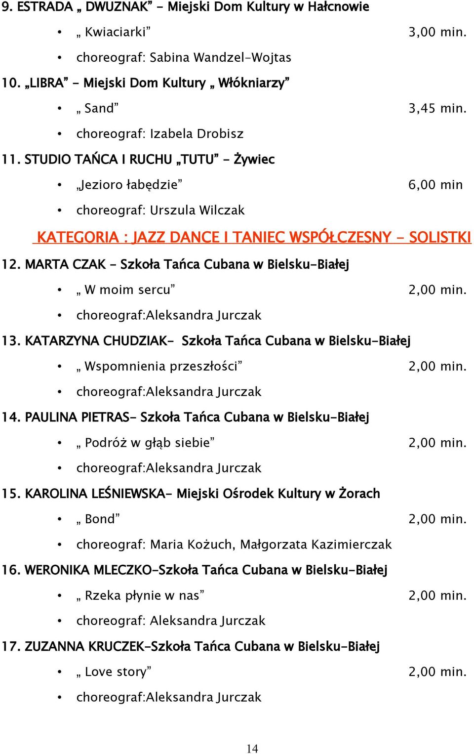 MARTA CZAK - Szkoła Tańca Cubana w Bielsku-Białej W moim sercu 2,00 min. choreograf:aleksandra Jurczak 13. KATARZYNA CHUDZIAK- Szkoła Tańca Cubana w Bielsku-Białej Wspomnienia przeszłości 2,00 min.