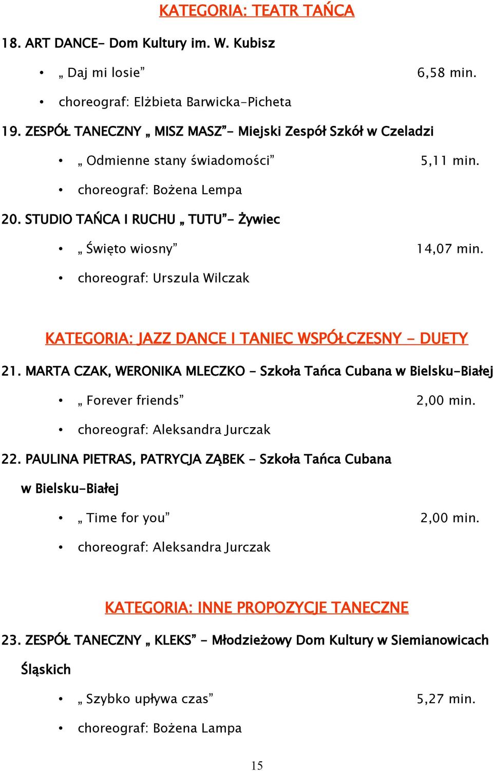 choreograf: Urszula Wilczak KATEGORIA: JAZZ DANCE I TANIEC WSPÓŁCZESNY - DUETY 21. MARTA CZAK, WERONIKA MLECZKO - Szkoła Tańca Cubana w Bielsku-Białej Forever friends 2,00 min.