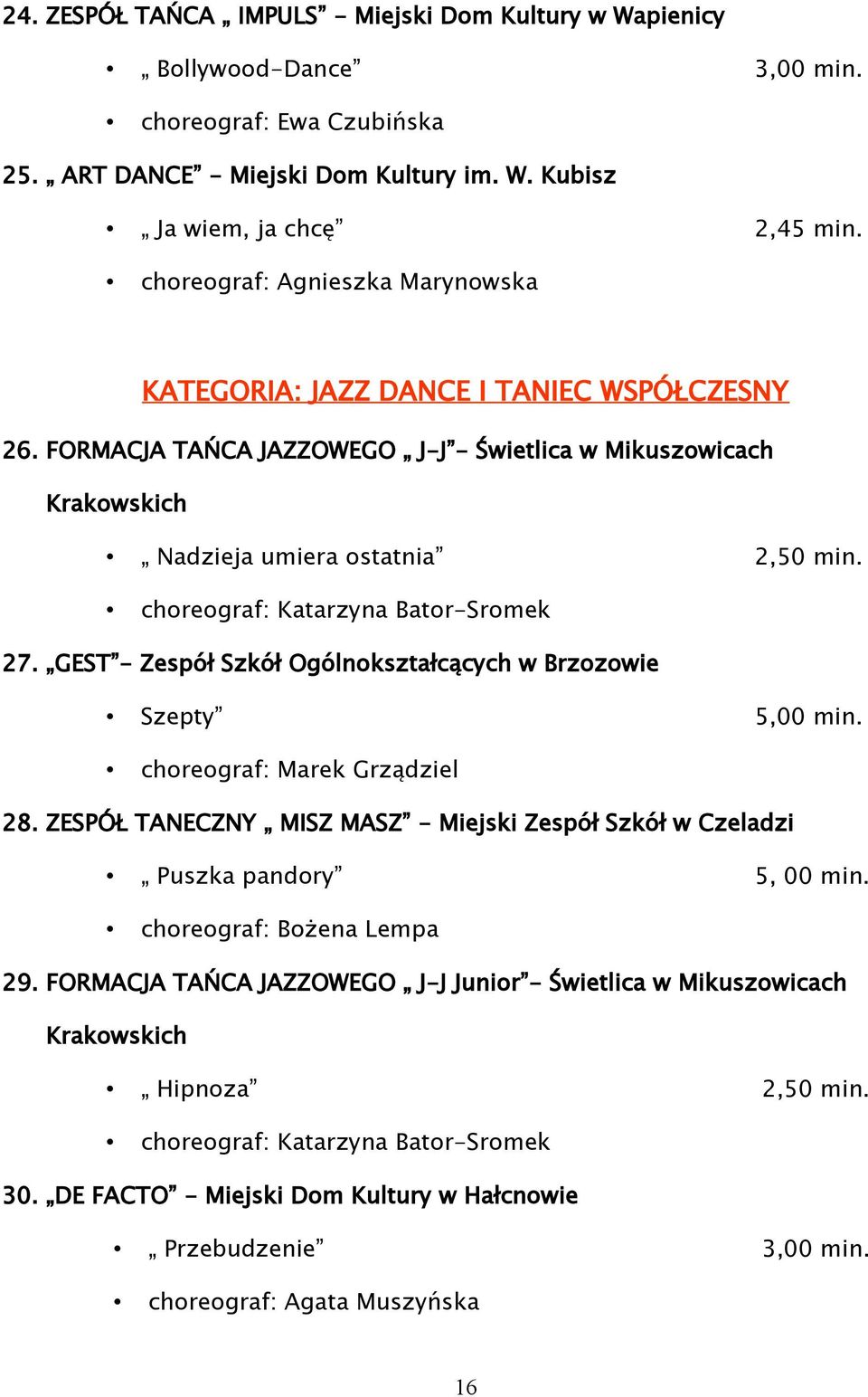 choreograf: Katarzyna Bator-Sromek 27. GEST - Zespół Szkół Ogólnokształcących w Brzozowie Szepty 5,00 min. choreograf: Marek Grządziel 28.