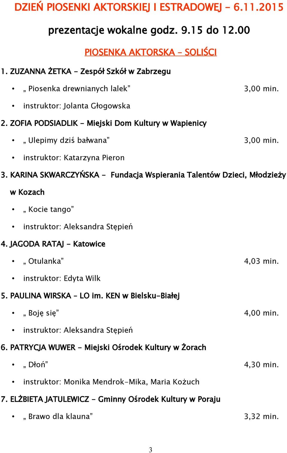 instruktor: Katarzyna Pieron 3. KARINA SKWARCZYŃSKA - Fundacja Wspierania Talentów Dzieci, Młodzieży w Kozach Kocie tango 4. JAGODA RATAJ - Katowice Otulanka 4,03 min.