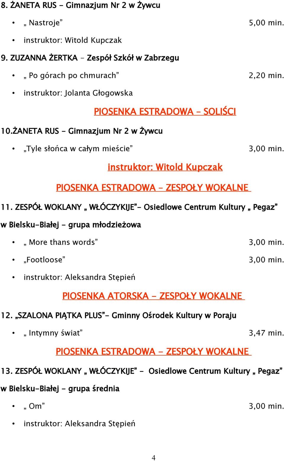 instruktor: Witold Kupczak PIOSENKA ESTRADOWA ZESPOŁY WOKALNE 11. ZESPÓŁ WOKLANY WŁÓCZYKIJE - Osiedlowe Centrum Kultury Pegaz w Bielsku-Białej - grupa młodzieżowa More thans words 3,00 min.