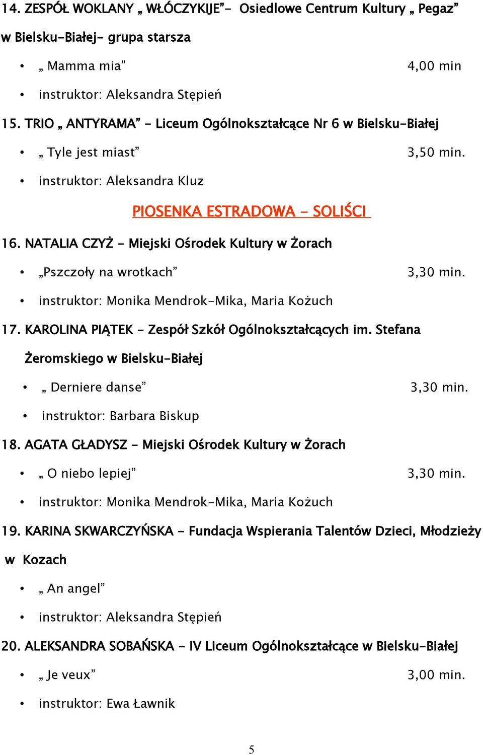 NATALIA CZYŻ - Miejski Ośrodek Kultury w Żorach Pszczoły na wrotkach 3,30 min. instruktor: Monika Mendrok-Mika, Maria Kożuch 17. KAROLINA PIĄTEK - Zespół Szkół Ogólnokształcących im.
