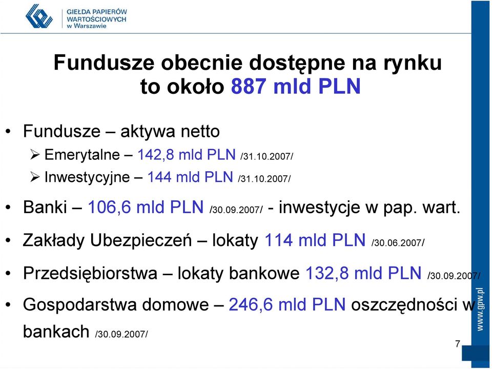 2007/ - inwestycje w pap. wart. Zakłady Ubezpieczeń lokaty114 mld PLN /30.06.